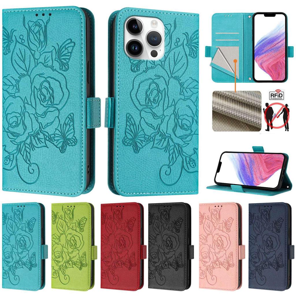 Милый кожаный чехол-кошелек для телефона с тиснением 3D розы для девочек, подставка для книги для iPhone 15 14 13 Pro Samsung Galaxy Redmi Oppo, откидная крышка с магнитной картой