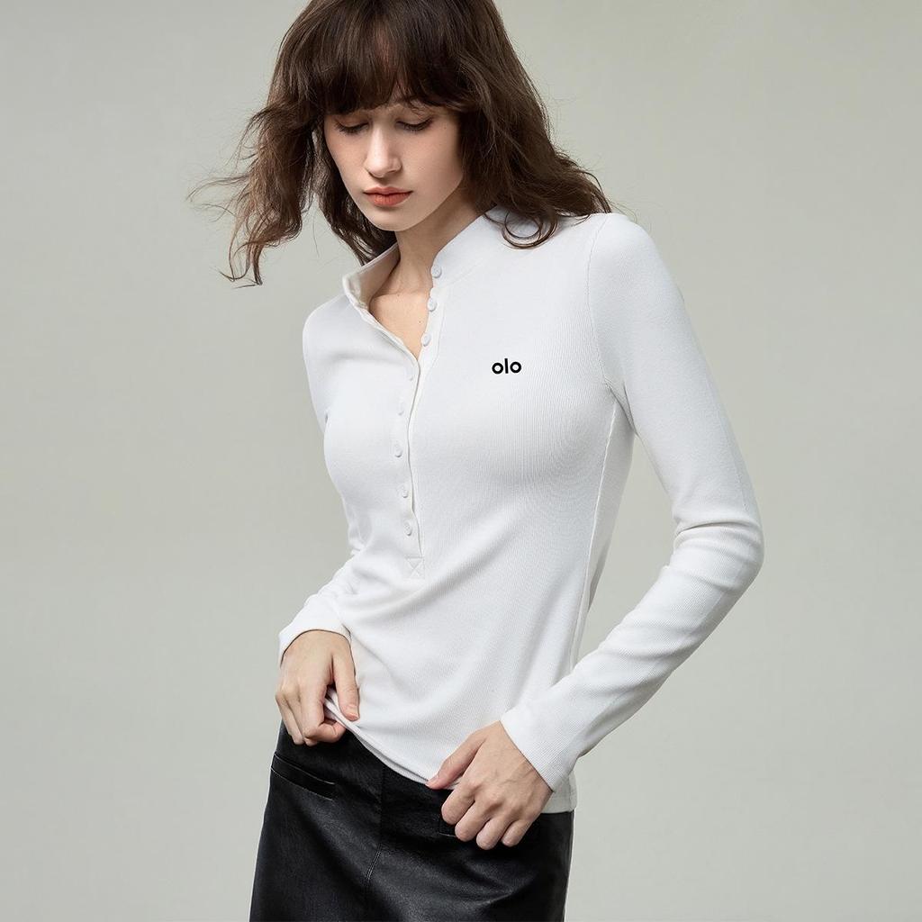Women's Brushed Button Henley Long Sleeve T-Shirt - Autumn 2025 Print Slim Base Layer Top