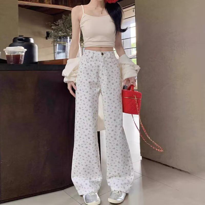 Женские укороченные брюки с цветочным принтом и широкими штанинами - Ретро уличный стиль, Прямые штанины, Свободный крой для повседневной носки осенью и летом.