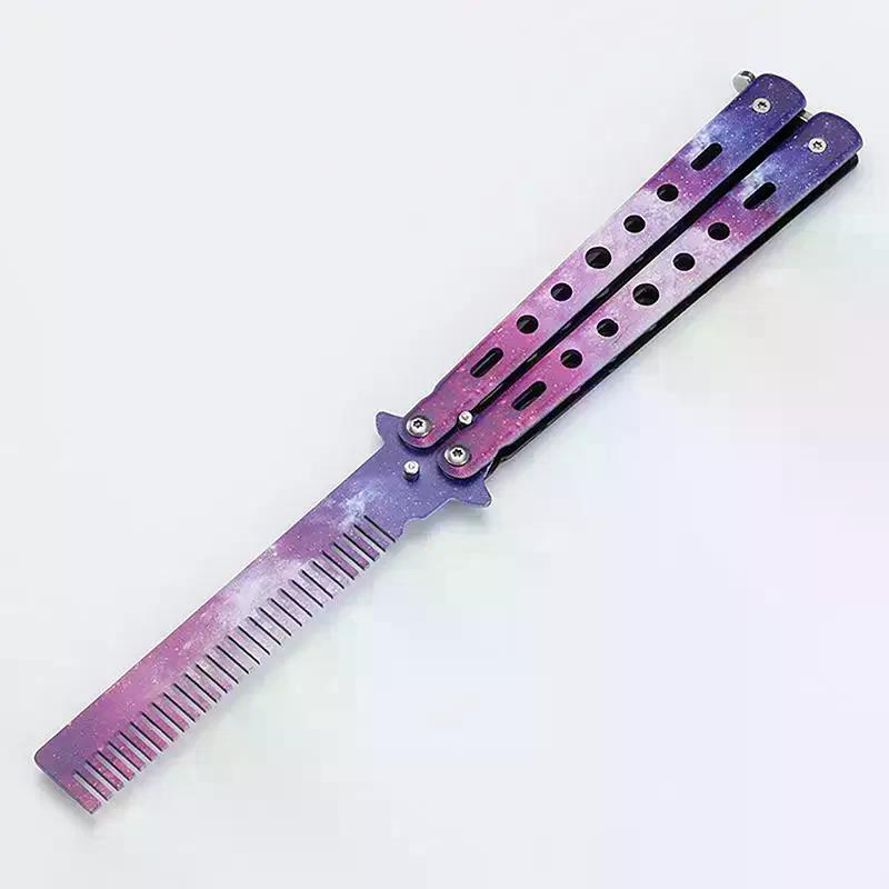 /YOV/Stainless Steel Butterfly Knife Comb Beard Moustache Brush Foldable Comb Salon Hairdressing Styling Tool 1Pcs