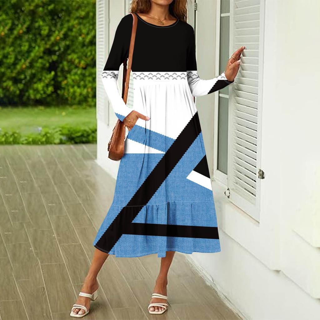 Women's Printed Casual Dress Spring Autumn Pocket Round Neck Long Sleeve Dresses