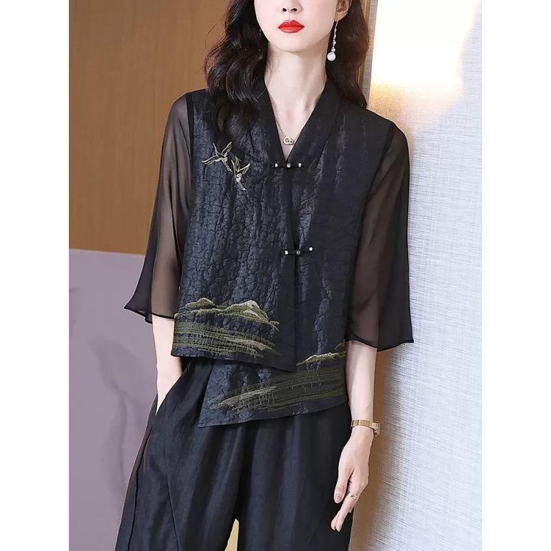 Women Silk Vintage Embroidered Asymmetrical Blouses Spring Summer Elegant Chinese Style Design Cardigan Shirts Blusa Mujer Moda