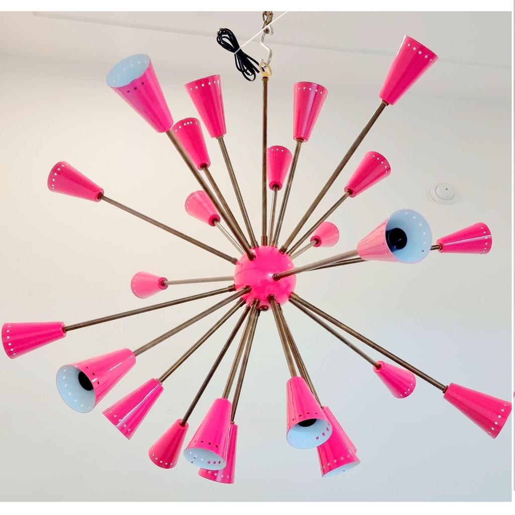 Pink Shade Brass Sputnik Chandelier 24 Arms Elegant Fixture For Home Decoration