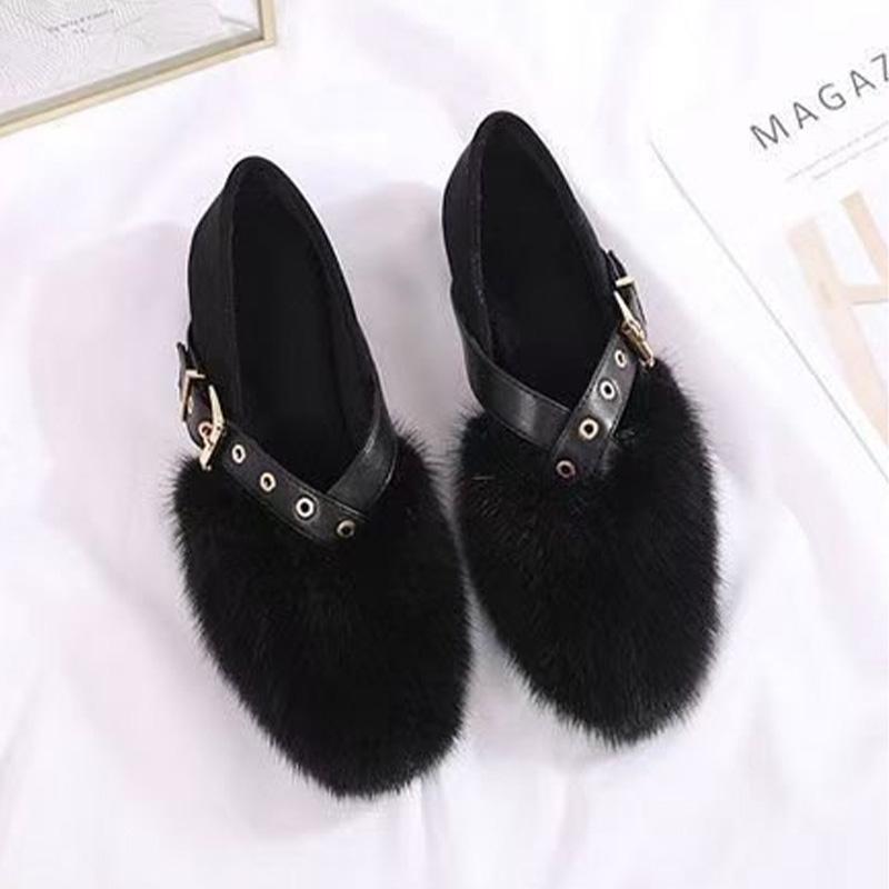 Women Fur Ballet Dance Shoes Flats Buckle Loafers Shoes Woman 2025 Trend Fashion Winter Shallow Warm Snow Boots Zapatillas Mujer