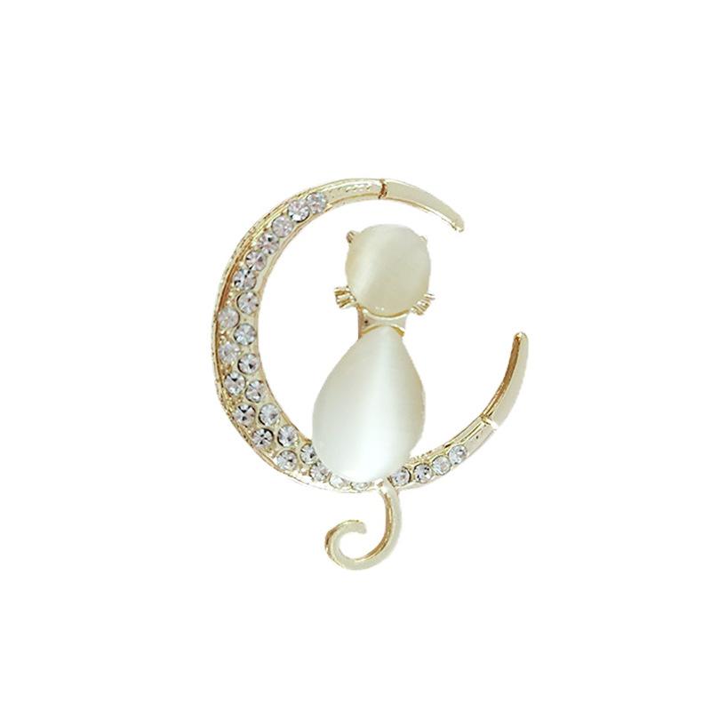 Light Luxury Niche Suit Corsage Cat'S Eye Stone Diamond Brooch, Fixed Clothes Accessories Moon Kitten Pin