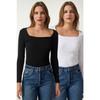 Women's Black And White Square Collar 2-pack Knitted Blouse Gt00056