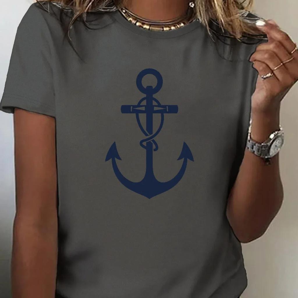 2024 новая стильная футболка для женщин, топ с принтом якоря, летние футболки большого размера для женской одежды, женская мода с круглым вырезом, большие размеры