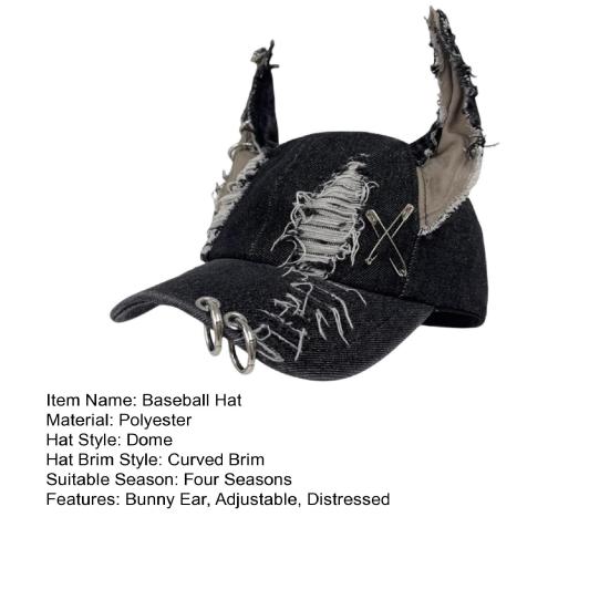 Темная джинсовая бейсболка в стиле панк, регулируемая джинсовая кепка с потертым дизайном и металлическими кольцами, 3D-уши кролика, уличный аксессуар