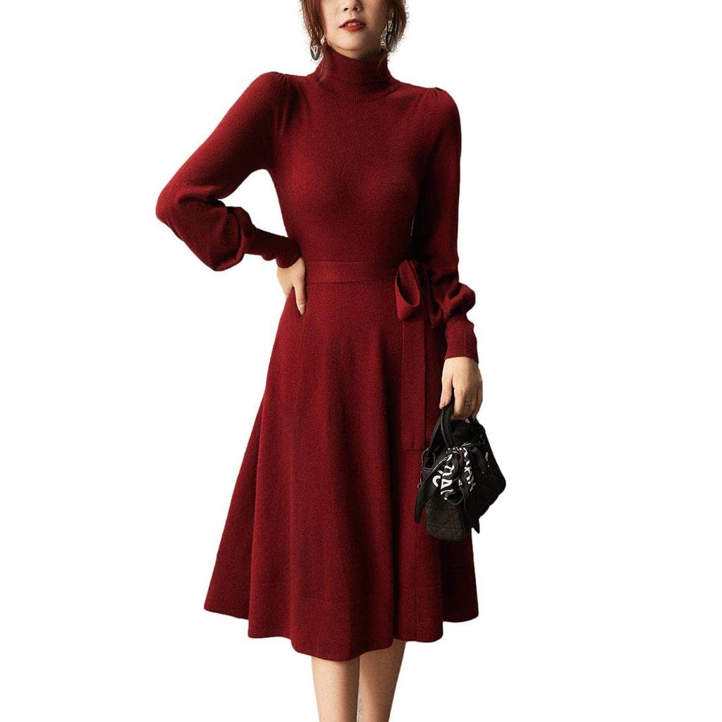 J-Scott Women's Knit Dress, A-Line Silhouette, Waist Tie, Turtleneck, Puff Sleeves, Red, JS38-RD-S