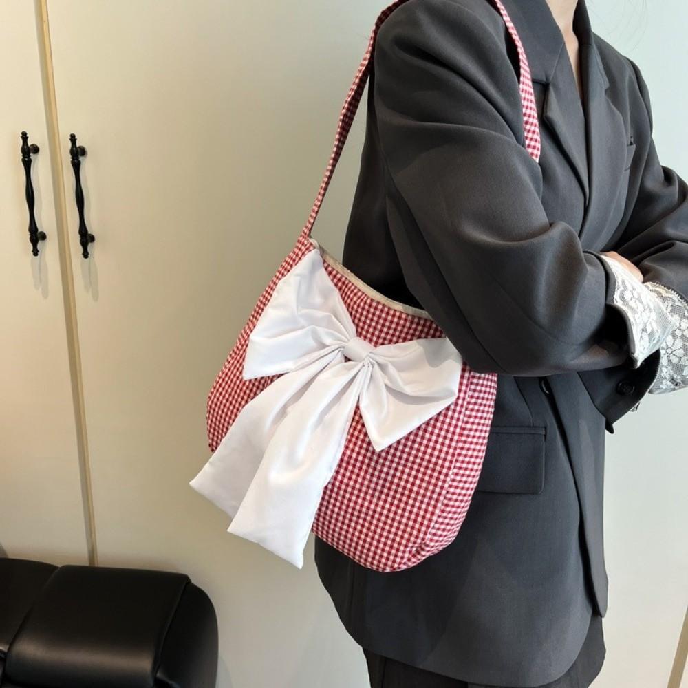 Lattice Bow Shoulder Bag Japanese Style Canvas Tote Bag Portable Plaid Shoulder Bag  Girl
