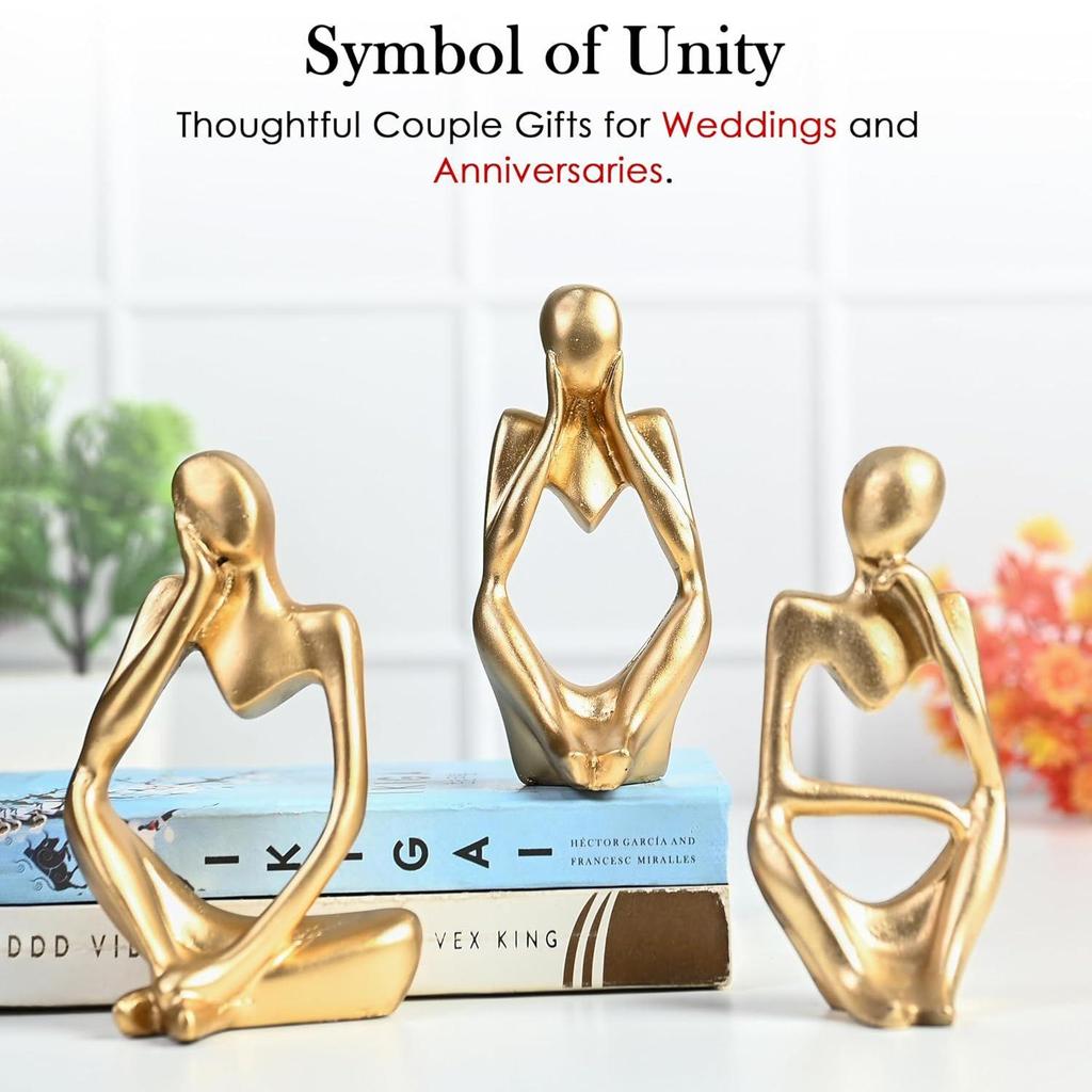 Set of 3 Gold Abstract Thinker Men Statue Set - Modern Art Showpieces for Home Decor, Living Room, Bedroom,Office