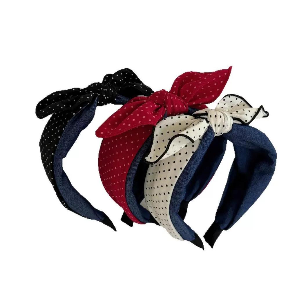 Корейская клетчатая темно-синяя повязка на голову с бантом и нескользящими зубцами для женщин