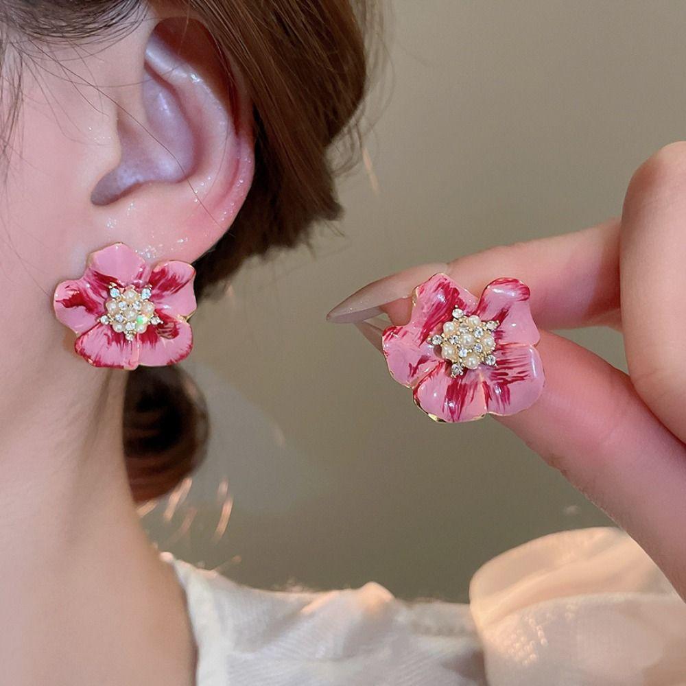 Серьги Sweet Flower Pearl, темпераментные серьги в корейском стиле, серьги-гвоздики в виде цветка с каплями масла для женщин
