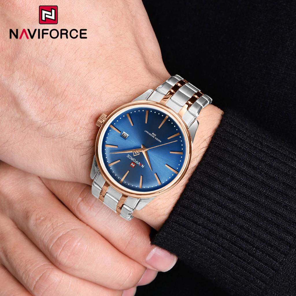 Naviforce Мужские часы из нержавеющей стали, водонепроницаемые деловые наручные часы с дисплеем даты, оригинальные кварцевые мужские часы