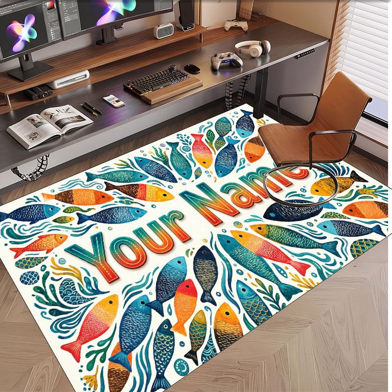Fish Ocean Theme Soft Crystal Velvet Rug Custom Name & Text Print Non Slip Floor Rug for Bedroom Living Room
