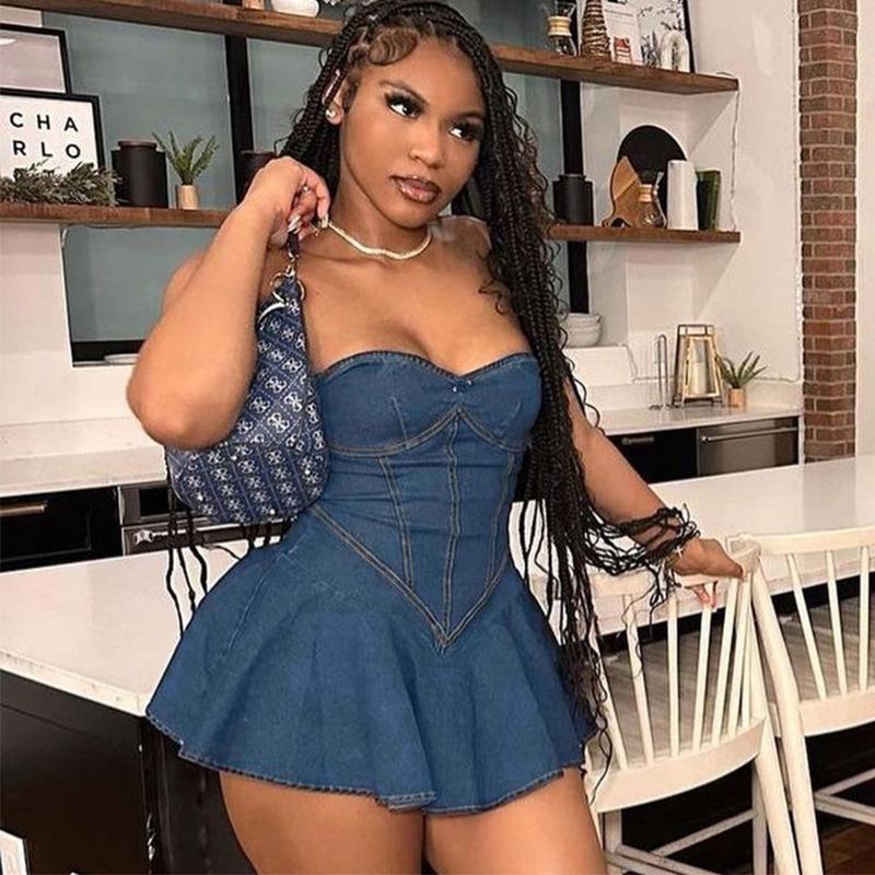 Сексуальное джинсовое платье-топ с открытой спиной, женское облегающее платье с высокой талией в стиле пэчворк, мини-плиссированные платья, горячие девушки, уличные облегающие синие джинсовые платья с открытыми плечами Femme