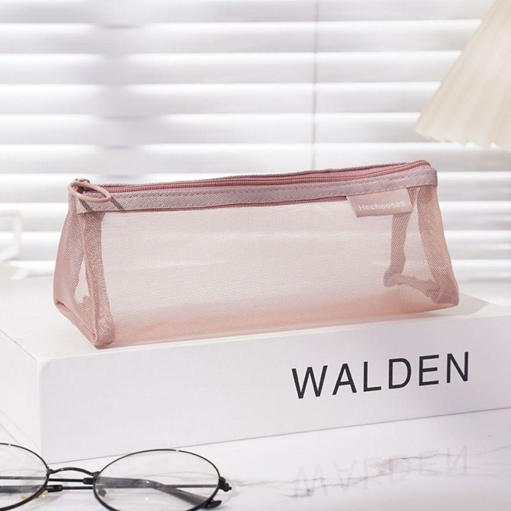 Retro Color Mesh Pencil Case Nylon Zipper Stationery Bag Simple Transparent Bills Bag Pencil Bag