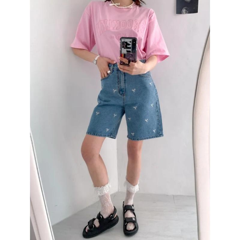 Fashion Retro Bow Large Size Loose Denim Shorts Women Casual Vintage Summer Wide Leg Pant Female Button High Waist Short Streetwear Jeans