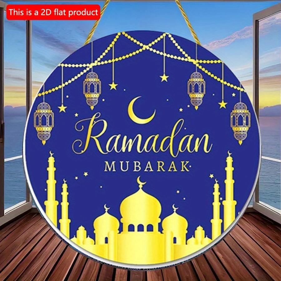 2D Flat 20*20cm1pc Ramadan Mubarak Gold Sumptuous Mosque Scenery Wooden Ramadan Door Sign, Ramadan Theme Moon&starry Sky Patterns Round Hanging