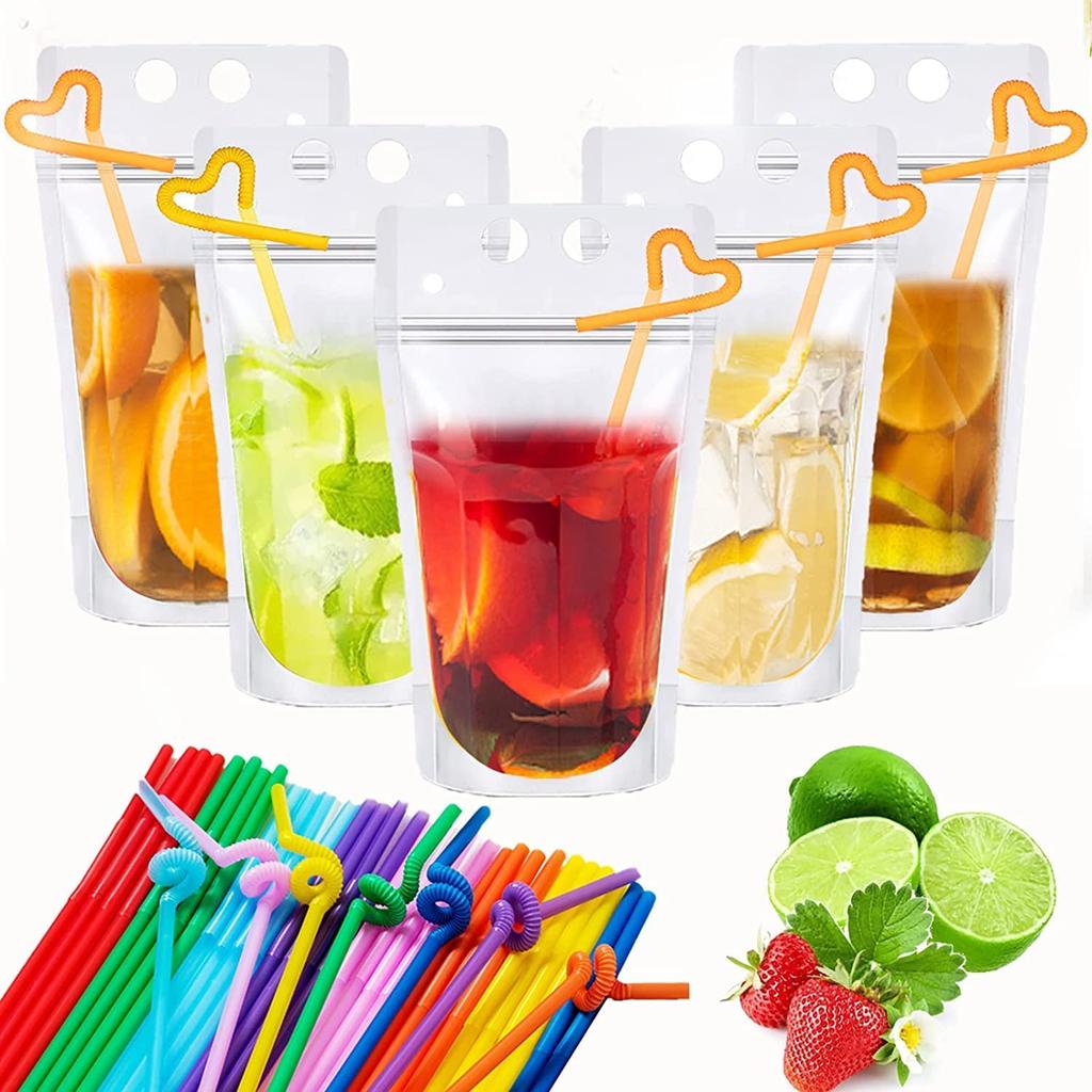 50 Pcs Drink Pouches Juice Bags Reusable Drink Cocktail Smoothies Pouches For Party Summer Fun Bags For Drink With 50 Straws