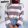 Women's Fashion Casual Autumn Winter Long Sleeve High Neck Loose Street-style Striped Lantern Sleeve Sweater Base