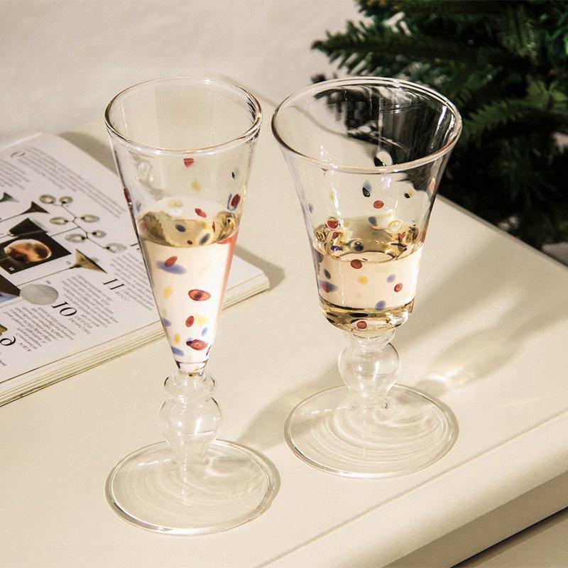 BRHigh-legged Champagne Glass Cups Transparent Polka Dot Wine Glass Coffee Cup Handmade High Borosilicate Glasses Drinking GlassesEY