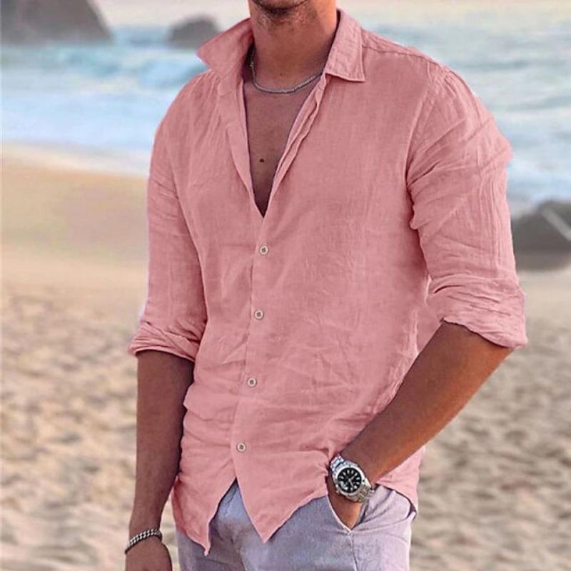 Men's Linen Summer Beach Shirt Long Sleeve Solid Color Lapel Spring Summer Outdoor Street Shirt
