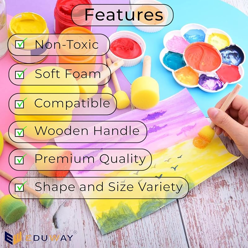 Eduway 5 Pcs Round Stencil Foam Sponge Dabber Set With Wooden Handle Brush Set For Art & Craft, Wall Paintings | Stipple