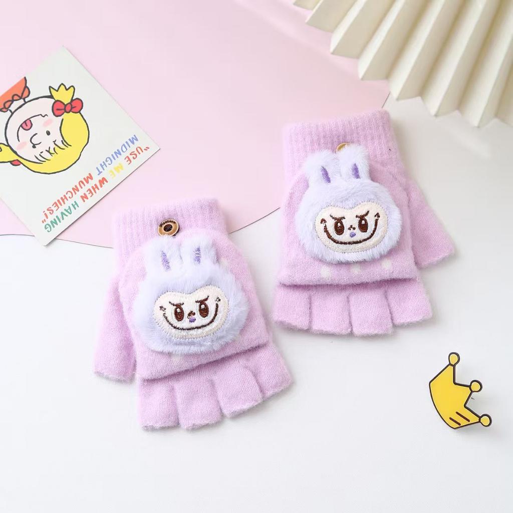 Children's Princess-style Flip Cartoon Gloves, Winter Plush Five-fingered Warm Gloves