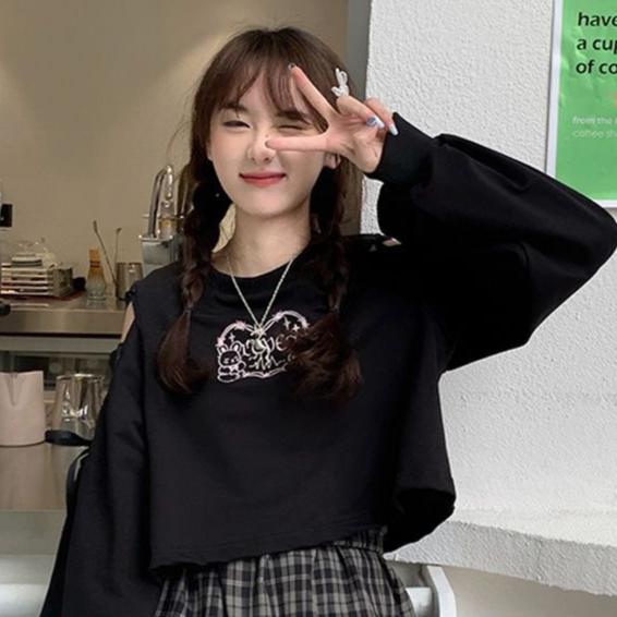 Women's Clothes Solid Color Gothic Women's Sweatshirt Hollow Out Long Sleeve Casual Pullover Summer Autumn Y2k Top