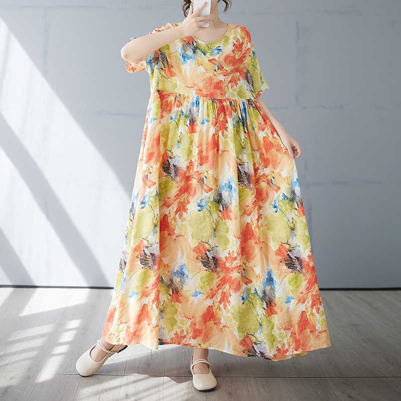 Женская простая и модная длинная юбка летнее платье с короткими рукавами и круглым вырезом с принтом