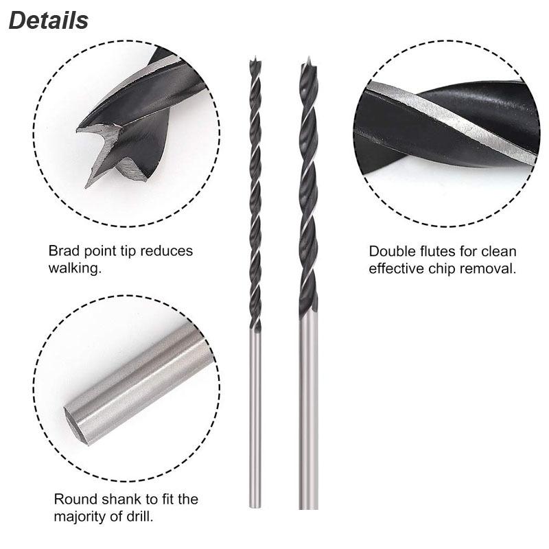 Brad Point Drill Bit Set Extra Long 300mm Center Locator Twist Carbon Steel Woodworking for Hardwood Plywood Plastic Aluminum
