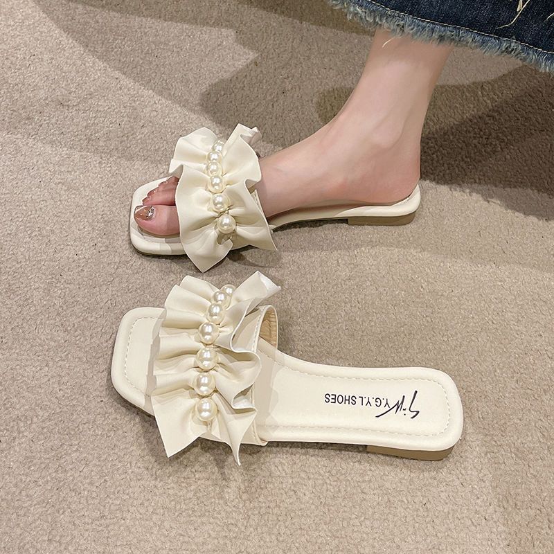 Женские шлепанцы с декором из искусственного жемчуга, сандалии с отделкой с рюшами, износостойкие шлепанцы на плоской подошве с открытым носком, летние песчаные пляжные сандалии, женская обувь