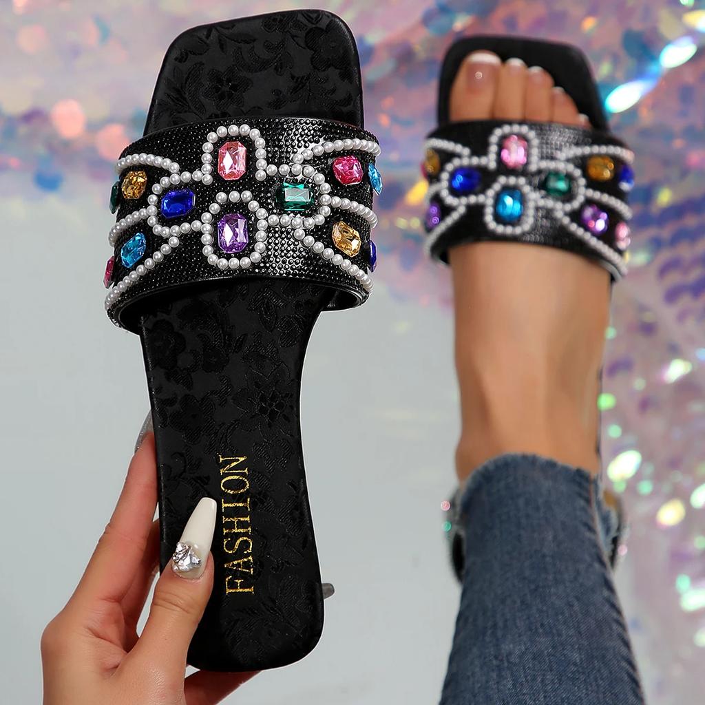 Fashion Summer Designer New Flat Heel Rhinestone Slippers Women Fashion All-match Rhinestones Sandals Outdoor Beach Slides Slippers