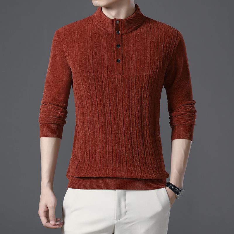 Осенний новый трикотаж из синели, мужская мода, однотонный свитер с воротником-стойкой, длинный рукав, тонкий мужской свитер