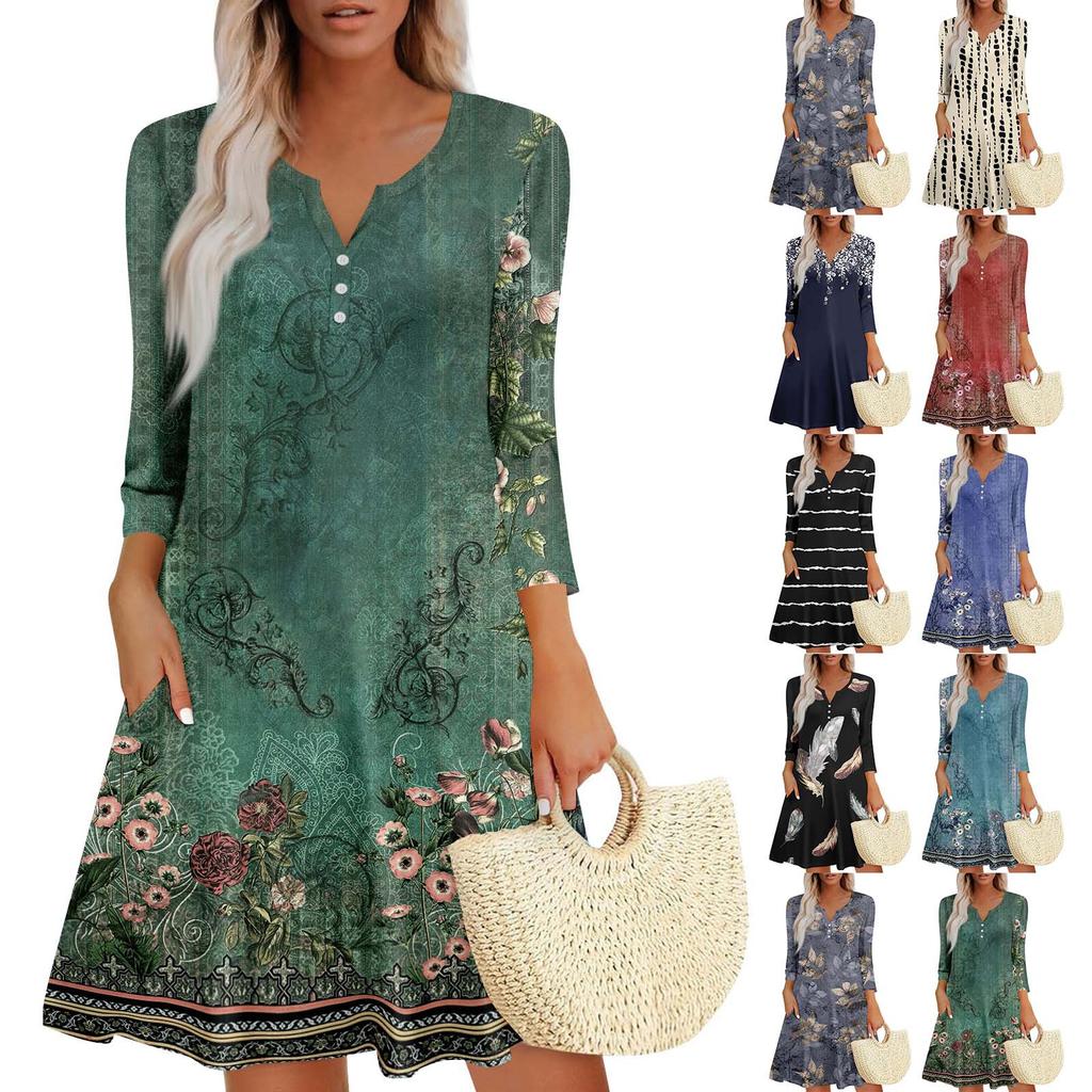 Женское летнее платье, свободное платье с V-образным вырезом, рукавом три четверти и карманами