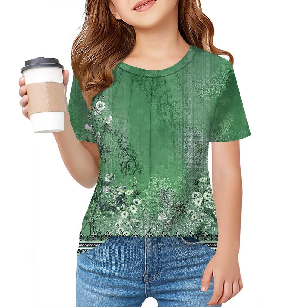 Детская футболка Fold A для девочек, летняя модная куртка с круглым воротником и цветочным принтом с короткими рукавами