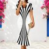 Women Plus Size V Neck Short Sleeve Black White Striped Printed Fitted Fishtail Dress