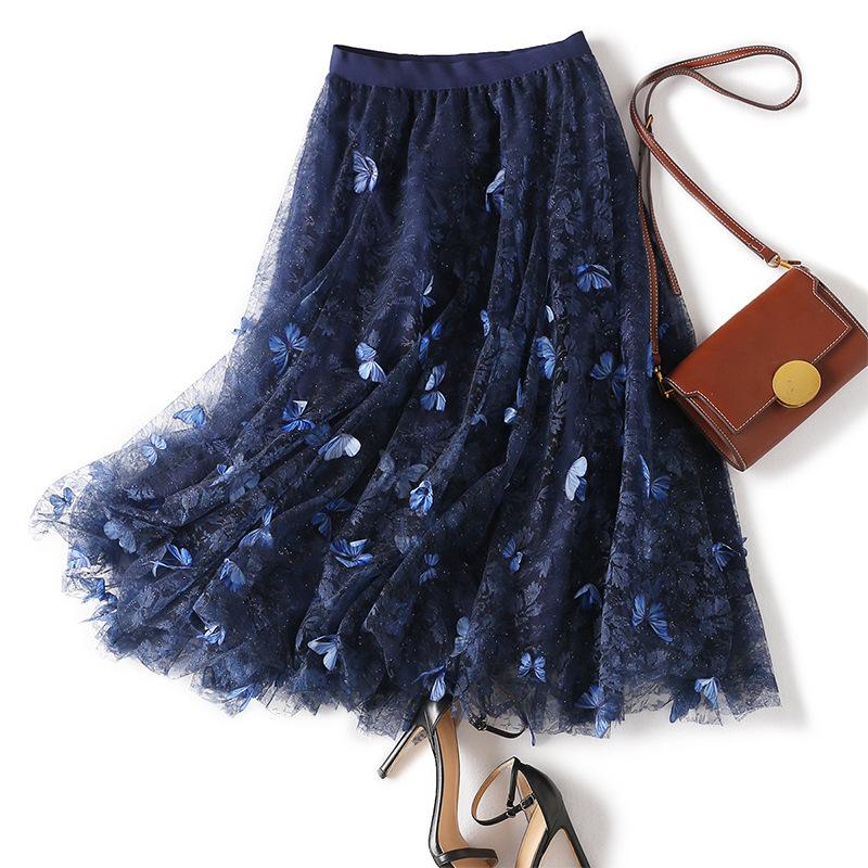 Super Fairy Style~ Sequin Embellished With 3D Butterfly Decoration Double Layer Mesh A-Line Elastic Waist Skirt