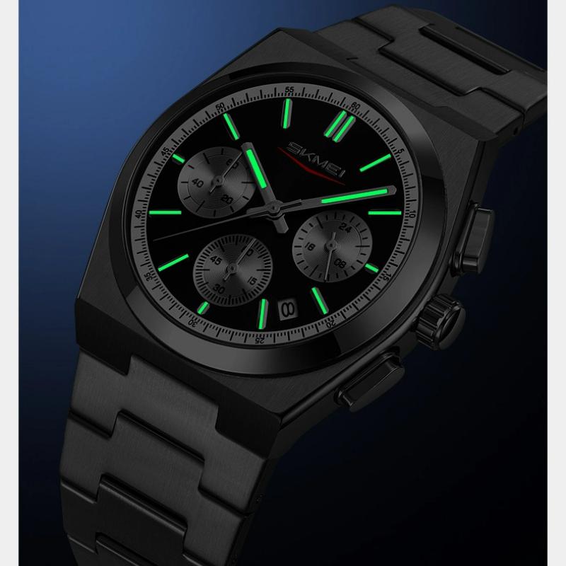 Skmei Роскошные мужские часы Водонепроницаемые Люминесцентные Хронограф Дата Часы из нержавеющей стали для мужчин Кварцевые Военные мужские часы