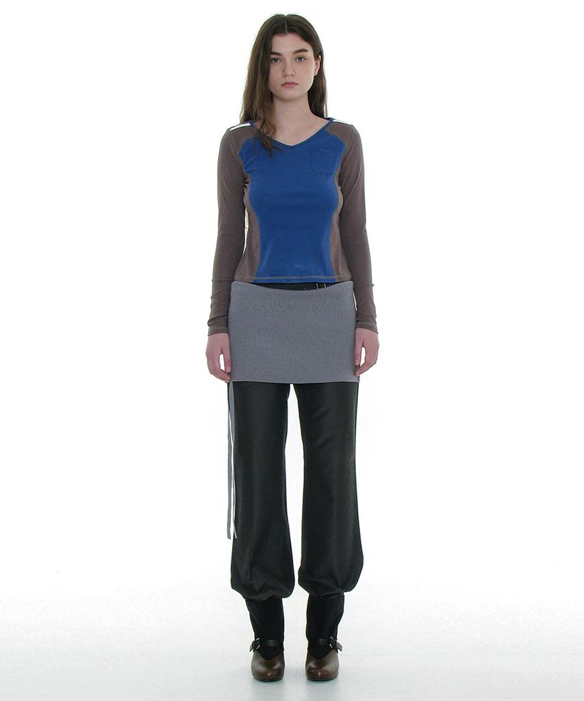 PARTIMENTO WOMEN Cut-Out V-Neck Colorblock Long Sleeve Tee_Blue