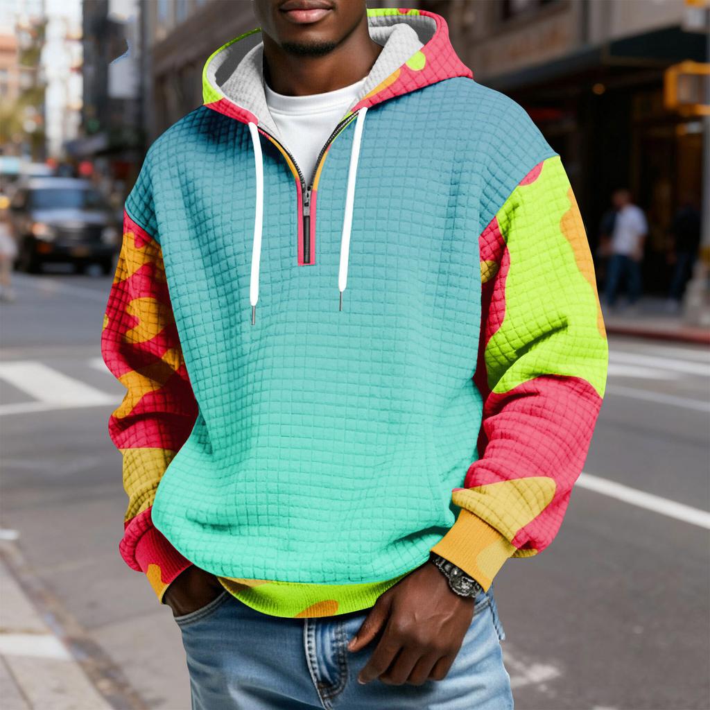 Мужской худи-пуловер в клетку с капюшоном на молнии до середины, со шнурком и принтом, повседневная спортивная толстовка
