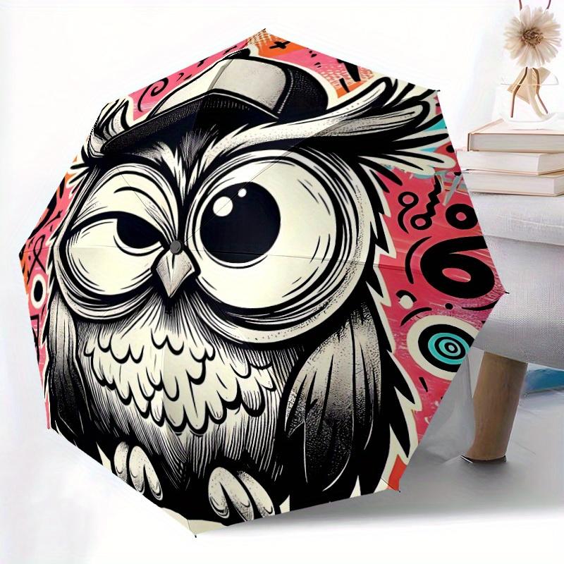1pc Owl Art Automatic Open/close Umbrella, 8-Rib sturdy structure, Portable Travel Umbrella, Parties, Everyday Use, Outdoor Accessory, Artis