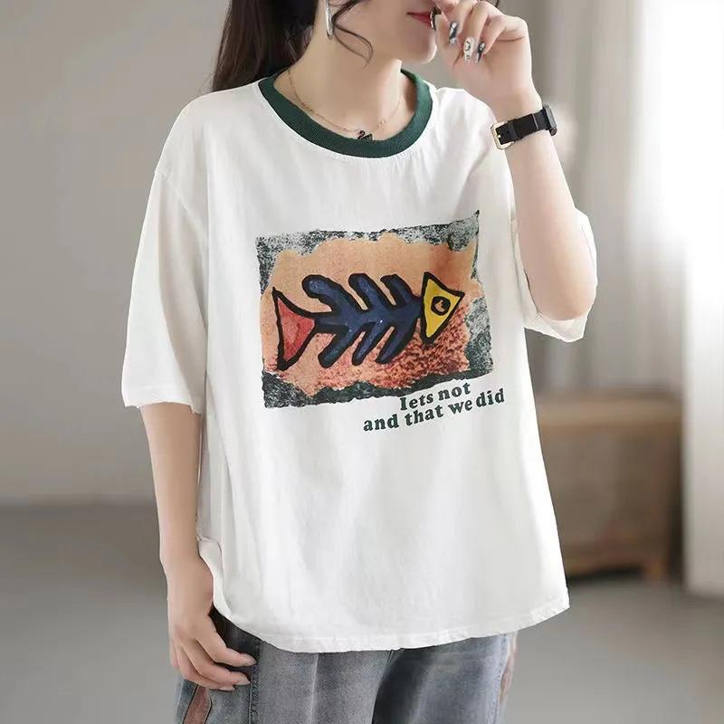 Футболка больших размеров с короткими рукавами, хлопковые женские топы, свободная повседневная толстовка с круглым вырезом