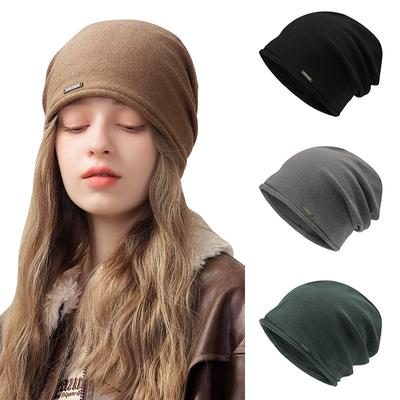 Хлопковые шапки-бини Skullies для женщин с загнутыми полями, металлической этикеткой, вязаная шапка, модная кепка-куча, теплая толстая холодная шапка для осени и зимы