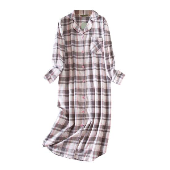 Lady Nightgown Heart Plaid Printing Turn-down Collar Single-breasted Knee Length with Chest Pocket Loose Nightdress Autumn Homewear Spring Sleepwear