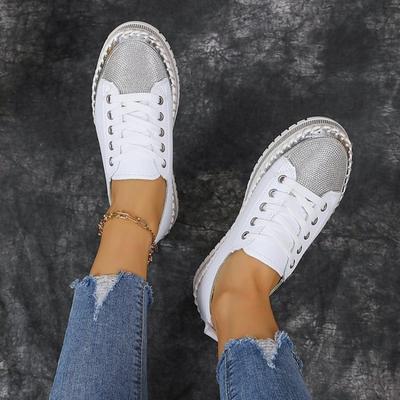 Женские белые туфли большого размера, новые, с отделкой стразами, на толстой подошве-маффине, с пайетками по краю, модные кеды