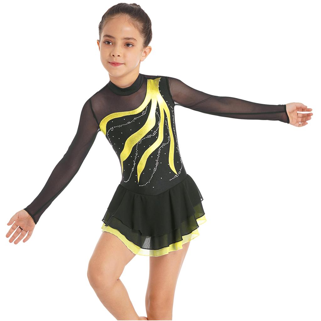 Child Girls Ballet Gymnastics Leotard Rhinestone Figure Ice Skating Dress Ballroom Dance Costume Training Performance Clothing