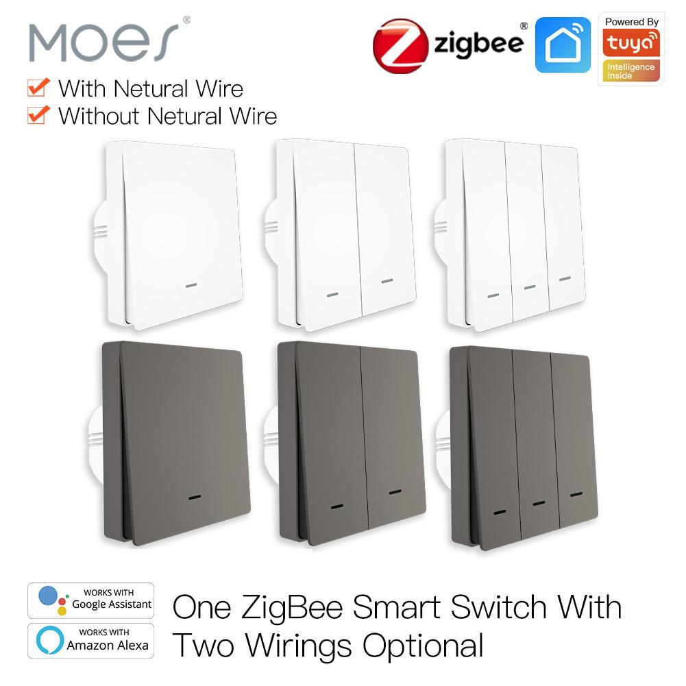 Умный выключатель света MOES Tuya ZigBee Без нейтрального провода Не требует конденсатора Smart Life 2/3-позиционный Работает с Alexa Google APP Удаленно