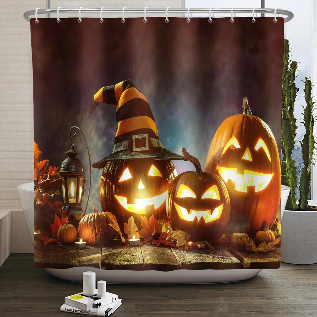 Хэллоуин Занавеска для душа Ужас Лунная ночь Тыква Череп Скелет Страшный Замок Ведьма Призрак Кладбище Водонепроницаемые Занавески для ванной
